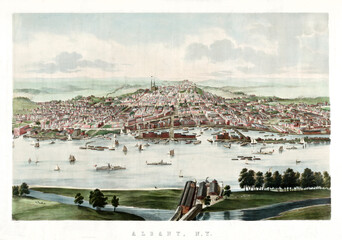 Top central view of Albany in the distance fronting hudson river, New York. Highly detailed vintage style color illustration by J.W. Hill, New York, ca. 1853