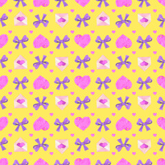 Valentine Day Digital paper Watercolour hand-painted Seamless pattern for art and crafts, wrapping paper with pink heart, bow, envelope
