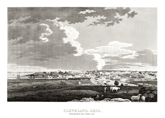 Top overall view of Cleveland, Ohio, from Brooklyn Hill. Highly detailed vintage style gray tone illustration by unidentified author, U.S., 1834