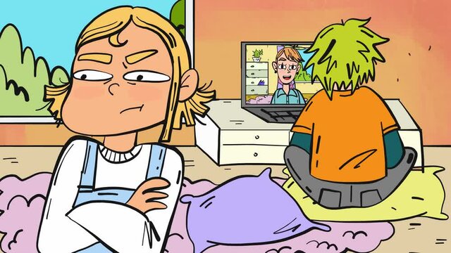 jealousy cartoon animation, jealous girl suffer while her partner video chatting