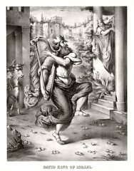 Old illustration depicting David, King of Israel, dancing and playing lyre in a symbolic context. Highly detailed vintage style gray tone illustration by Merinsky and Svobodin, U.S., 1872 - 407626043