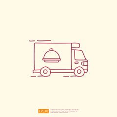 food delivery service truck car line doodle style icon vector illustration