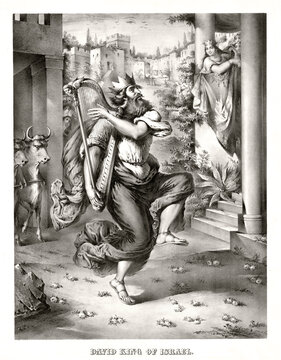 Old illustration depicting David, King of Israel, dancing and playing lyre in a symbolic context. Highly detailed vintage style gray tone illustration by Merinsky and Svobodin, U.S., 1872