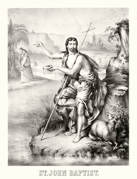 John the Baptist, baptism symbol posing at a natural water source with Jesus on background. Highly detailed vintage style gray tone illustration by unidentified author, U.S., 1872