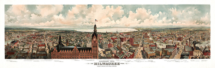 large overall top horizontal view of Milwaukee from City Hall tower, vintage captions on page bottom. Highly detailed vintage style color illustration by unknown author, U.S., 1874 - 407626463