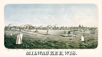 Milwaukee from water of Michigan Lake in a vintage frame and vintage text. Highly detailed vintage style color illustration by unknown author, U.S., 1874 - 407626495