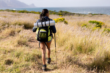 Fit african american woman wearing backpack nordic walking on coast