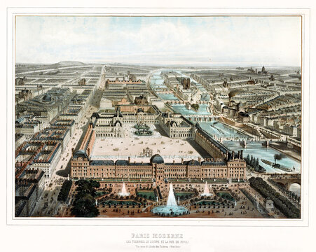Old aerial view of Paris focused on Louvre and other buildings to horizon. Highly detailed vintage style color illustration by Fichot, Paris, 1850