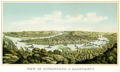 Large green landscape with Pittsburgh, Allegheny and Ohio river in the distance, Pennsylvania. Highly detailed vintage style color illustration by Krebs, U.S., 1874 - 407626832