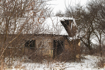Old abandoned dilapidated house in the thickets in winter