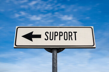 Support road sign, arrow on blue sky background. One way blank road sign with copy space. Arrow on...