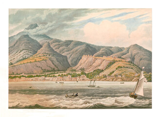 Caribbean seascape of Roseau, Dominica, with high mountains behind. Highly detailed vintage style color illustration by Caddy and James, London, 1837