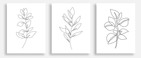 Abstract Line Leaves Prints Set. Leaves Continuous Line Art. Fashion Templates with Simple Leaf, Modern Trendy Outline Style. Vector Beauty Illustration