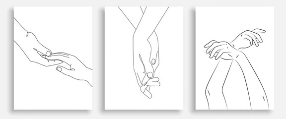Continuous Line Drawing of Hands Couple Trendy Minimalist Illustrations Set. One Line Abstract Concept. Minimalist Contour Hands Banner. Vector EPS 10.