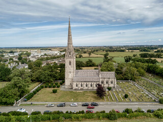 St Margaret's Church, Bodelwyddan, Aerial view of a Gothic church in the  Vale of Clwyd in...