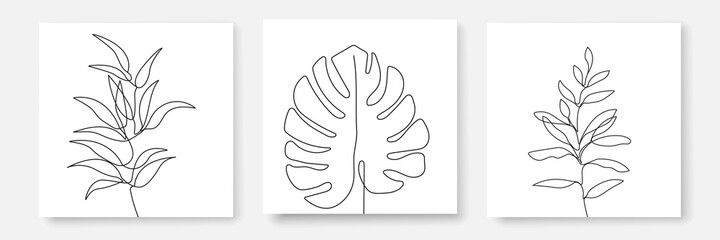 Tropical Leaves Continuous Line Drawing Set Black Sketch Isolated on White Background. Leaves Prints One Line Illustration. Minimalist Botanical Drawing wor Wall Art Design. Vector EPS 10.