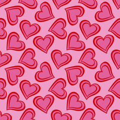 Vector seamless pattern with red hearts on pink color; cute background for wrapping paper, fabric, textile, packaging.