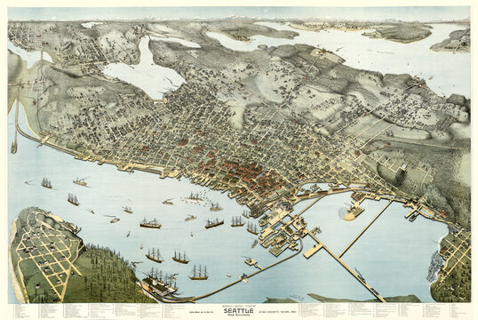 Distant panoramic aerial view of Seattle and vintage captions, Washington. Highly detailed vintage style color illustration by unidentified author, U.S., 1891