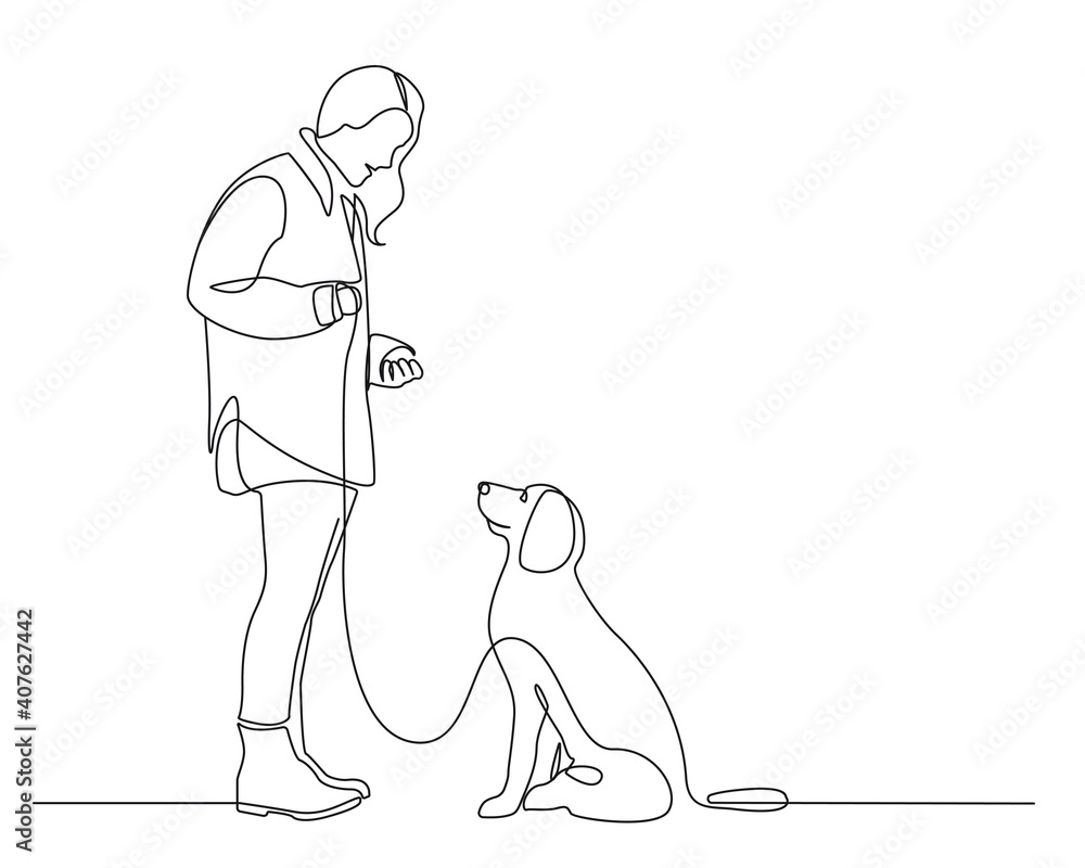 Wall mural Woman with Dog Continuous Line Drawing. Happy Walking Minimalist Black Lines Drawing on White Background. Dog and Woman Continuous One Line Abstract Drawing. Modern Scandinavian Design. Vector EPS 10