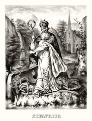Old illustration depicting St. Patrick banishing and trampling snakes from Ireland. Highly detailed vintage style gray tone illustration by unidentified author, U.S., 1872