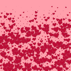 Red heart love confettis. Valentine's day gradient perfect background. Falling stitched paper hearts confetti on pink background. Cute vector illustration.