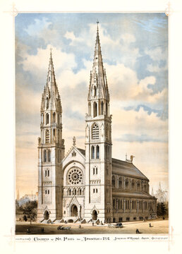 vertical overall view of St. Paul the Apostle church in Manhattan, New York (Arch. J. O' Rourke project). Highly detailed vintage style color illustration by O' Rourke, U.S., 1899