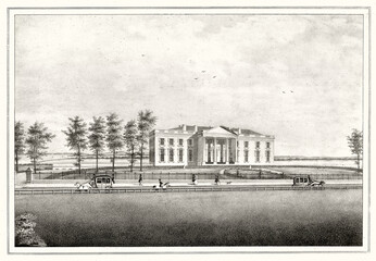 Outdoor view of the White House, Washington D.C, in the past. Highly detailed vintage style gray tone illustration by unidentified author, U.S., 1865