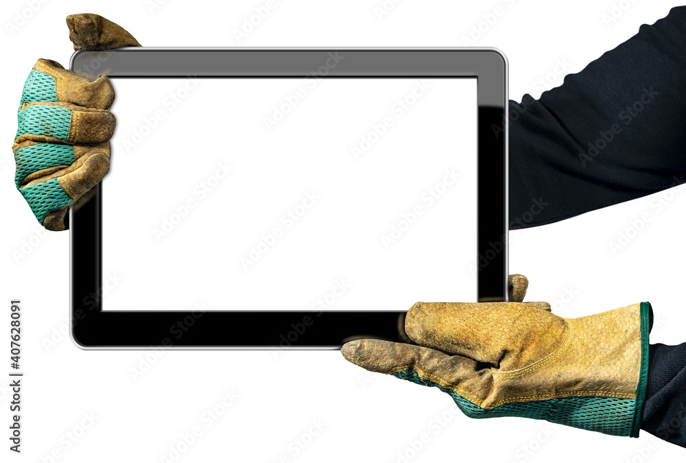 Poster two hands with work dirty gloves showing an empty digital tablet, isolated on white background with 