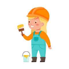 Smiling Girl Builder in Hard Hat and Overall Holding Brush and Painting Wall Vector Illustration
