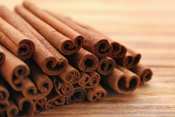 Cinnamon sticks on table, closeup