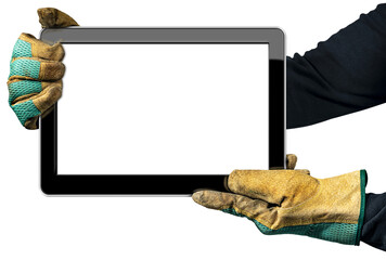 Two hands with work dirty gloves showing an empty digital tablet, isolated on white background with...