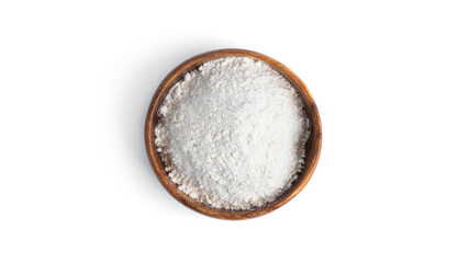 Flour in a wooden bowl isolated on a white background.