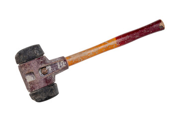Closeup of a professional paving hammer with cast steel body, wooden handle and double sided striking heads isolated on white. Clipping path. Equipment from a bricklayer for laying paving slabs.