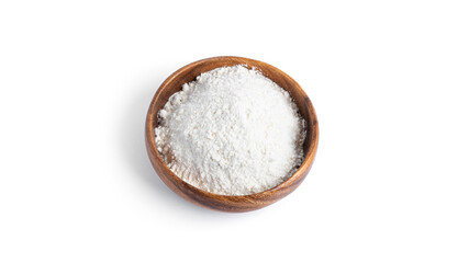 Fototapeta na wymiar Flour in a wooden bowl isolated on a white background.
