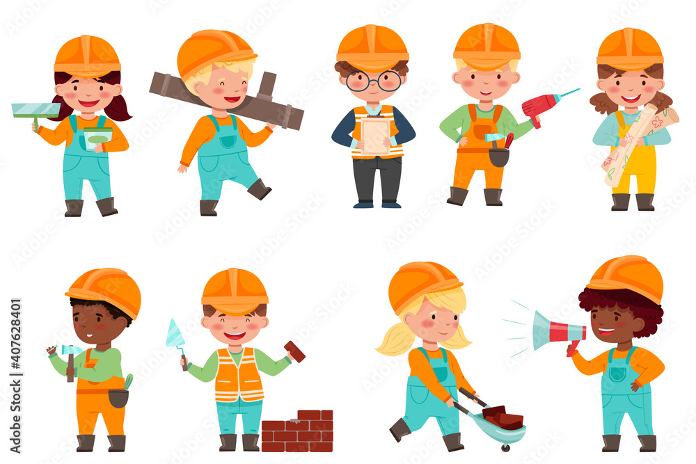 Poster little builders wearing hard hat with construction tools executing work vector set