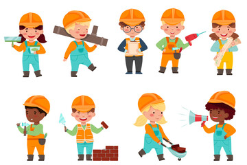 Little Builders Wearing Hard Hat with Construction Tools Executing Work Vector Set