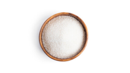 Sugar in a wooden bowl isolated on a white background.