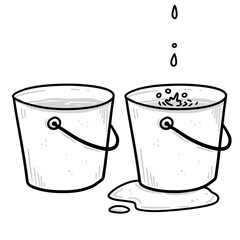 Bucket. Drops of water and a leak. Full pail. Sketch dooodle illustration