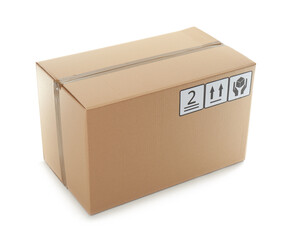 Cardboard box with shipping label isolated on white