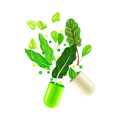 Open Hard-shelled Capsule with Green Vegetables as Vitamins and Supplement Vector Illustration