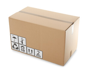 Cardboard box with shipping label isolated on white