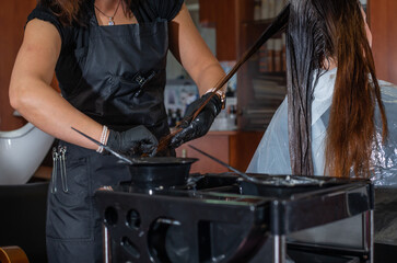 Process of hair colouring in the hairdress studio by a stylist or hairdresser