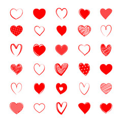 Red heart symbol set. Love icon hand drawn isolated on white background.