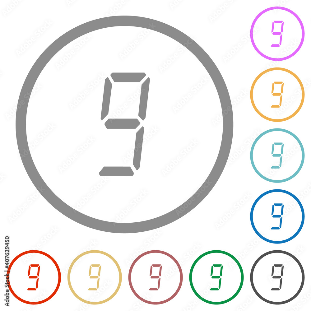 Aufkleber digital number nine of seven segment type flat icons with outlines