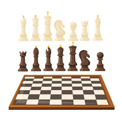 Wooden Chessboard with Chess Pieces as Chess or Strategy Board Game Vector Set