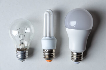 Incandescent bulb, fluorescent bulb, led bulb, next to each other. Technological evolution of light bulbs.