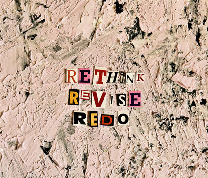 Rethink, Revise, Redo Words From Cut Paper Letters. Noise Effect