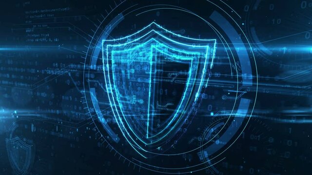 Cyber security concept with shield symbol, privacy protection and computer safety icon loop. Futuristic abstract 3d rendering animation.