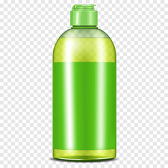 Clear green plastic bottle with screw flip top cap and blank label on transparent background, vector mockup. Shampoo, liquid soap, dishwashing liquid. Template for design