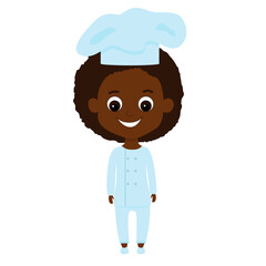 Little African or African American chef girl in a uniform and a soft blue cap. The child is happy and cheerful. Illustration isolated on white background.